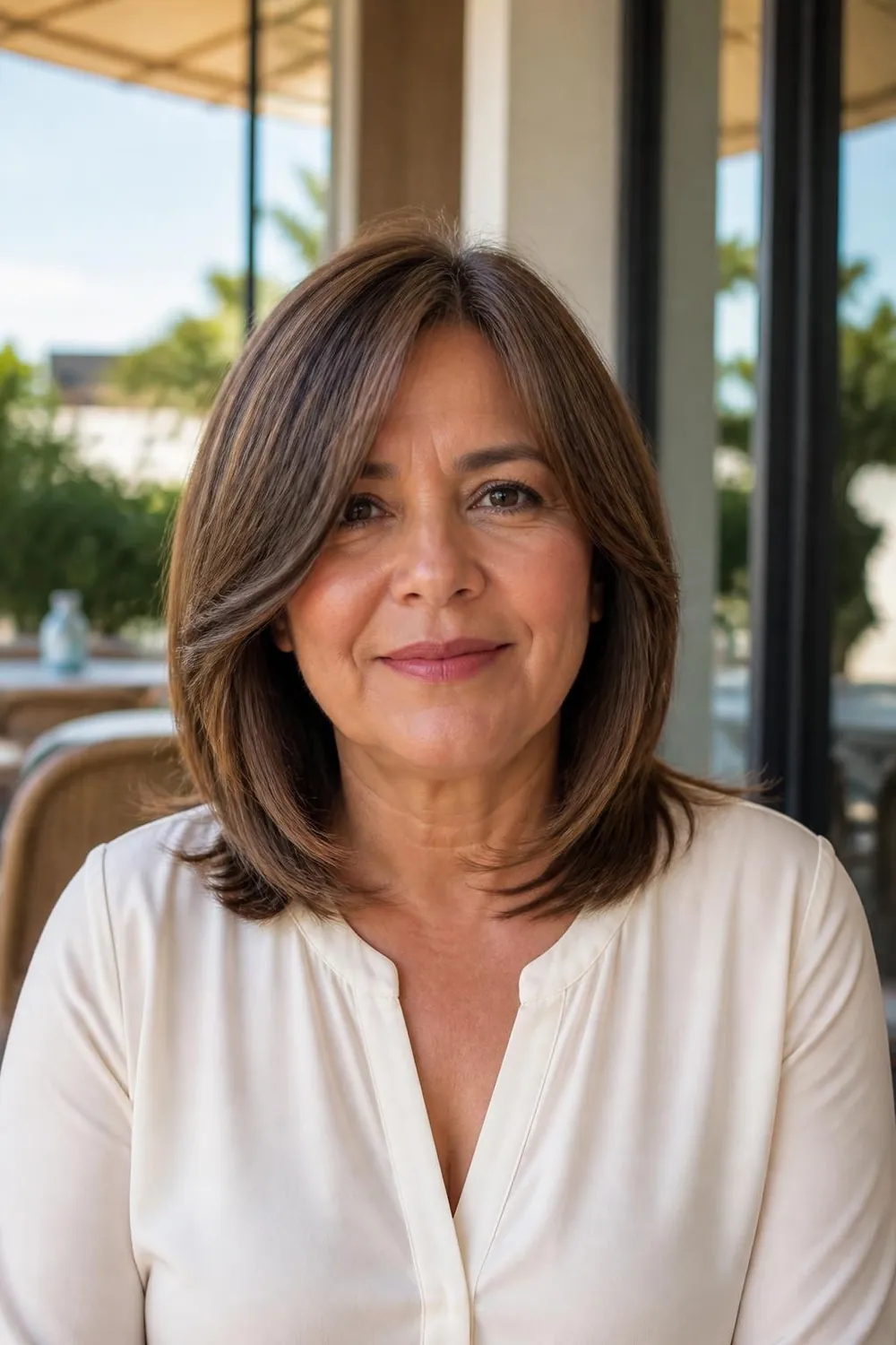 Lob with long curtain fringe reaching below the cheekbones for a round face over 50