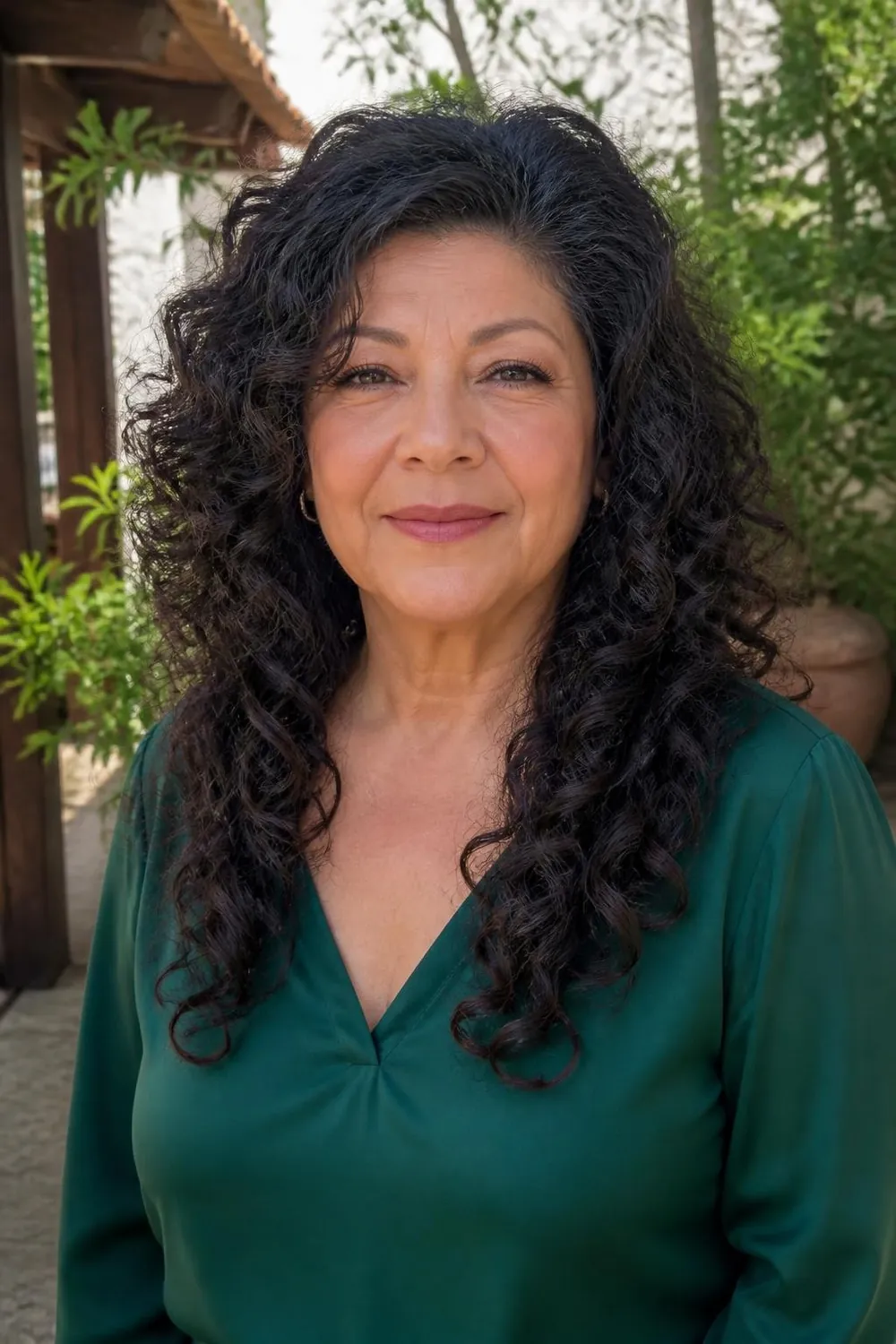 Medium-length curly hair with long elongated layers for a round face over 50