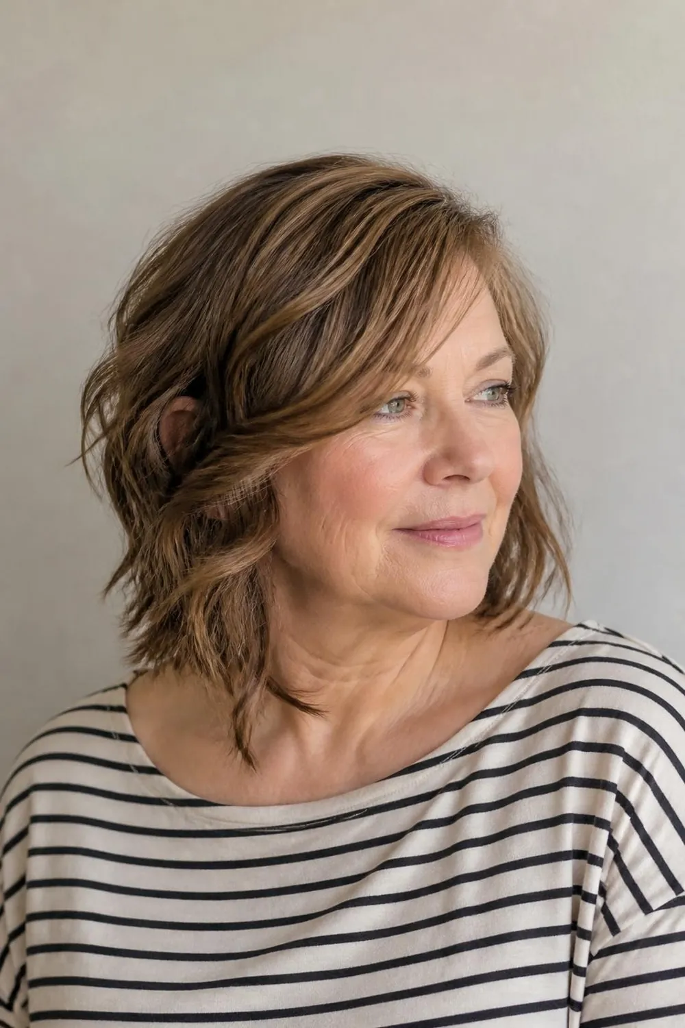 Wavy medium cut with asymmetrical layers and a side part for a woman over 50