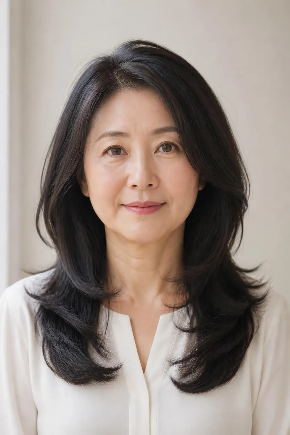 Long layered hair with layers starting below the chin for a round face over 50
