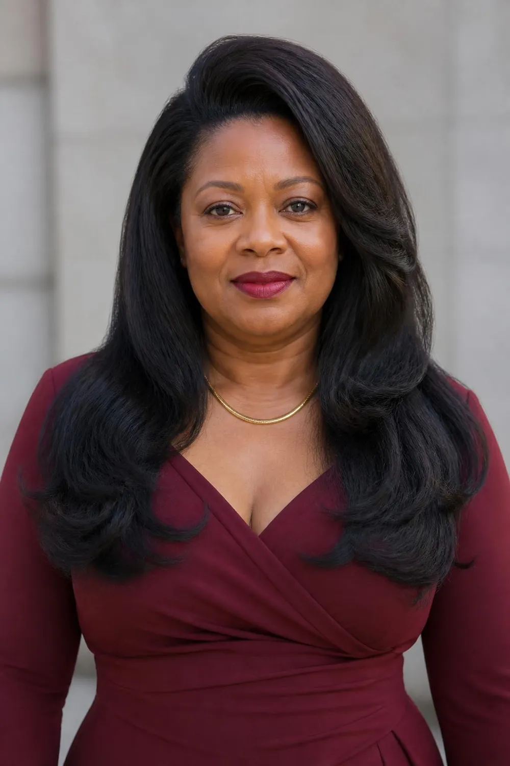 Long hair with a high crown blowout and smooth sides for a round face over 50