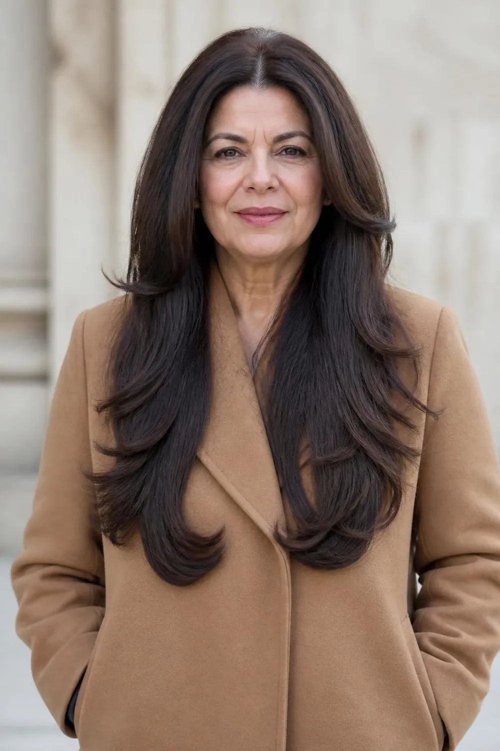 Long hair with a center part and face-framing layers for a round face over 50