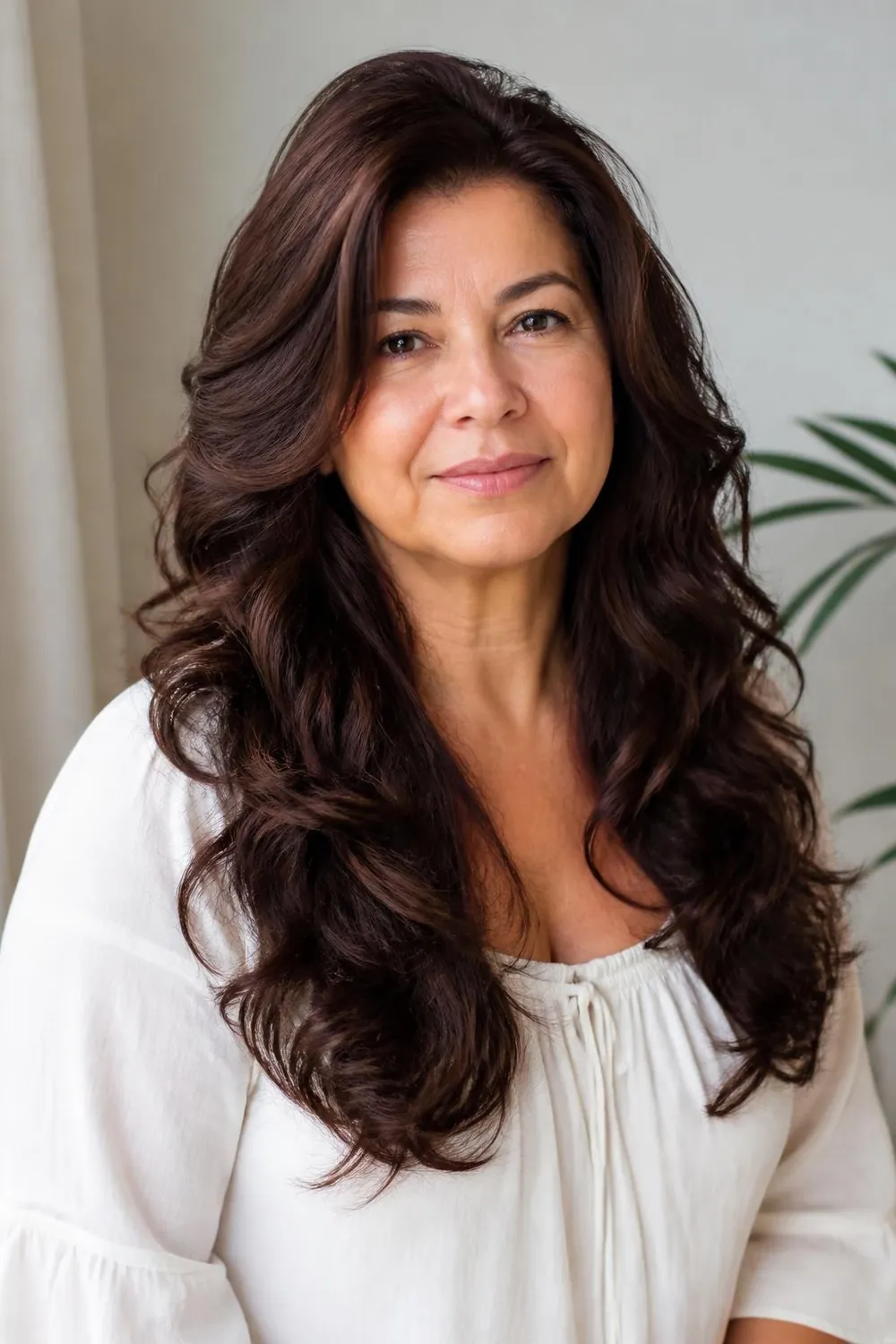 Long curly hair with lifted roots and long layers for a round face over 50