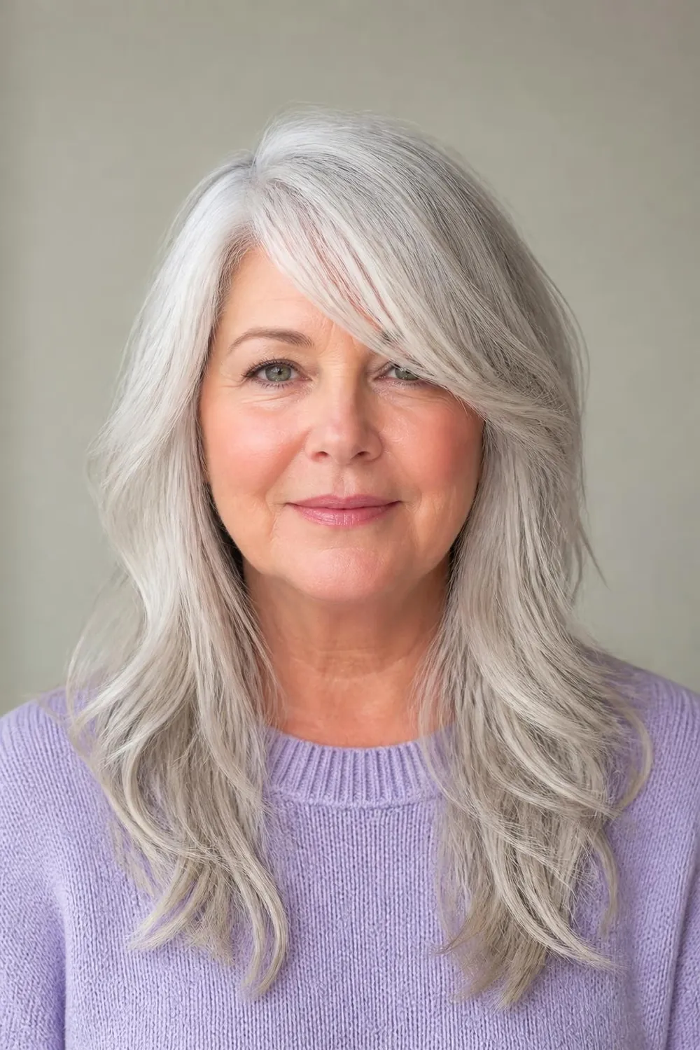 Long silver layers with long side bangs for a round face over 50