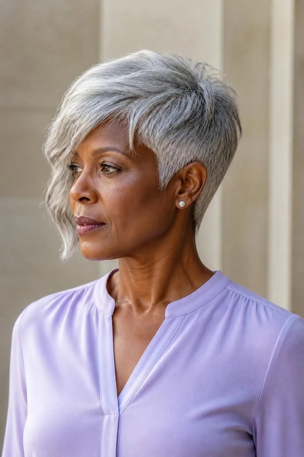 Silver pixie with a long fringe swept across the forehead for a woman over 50