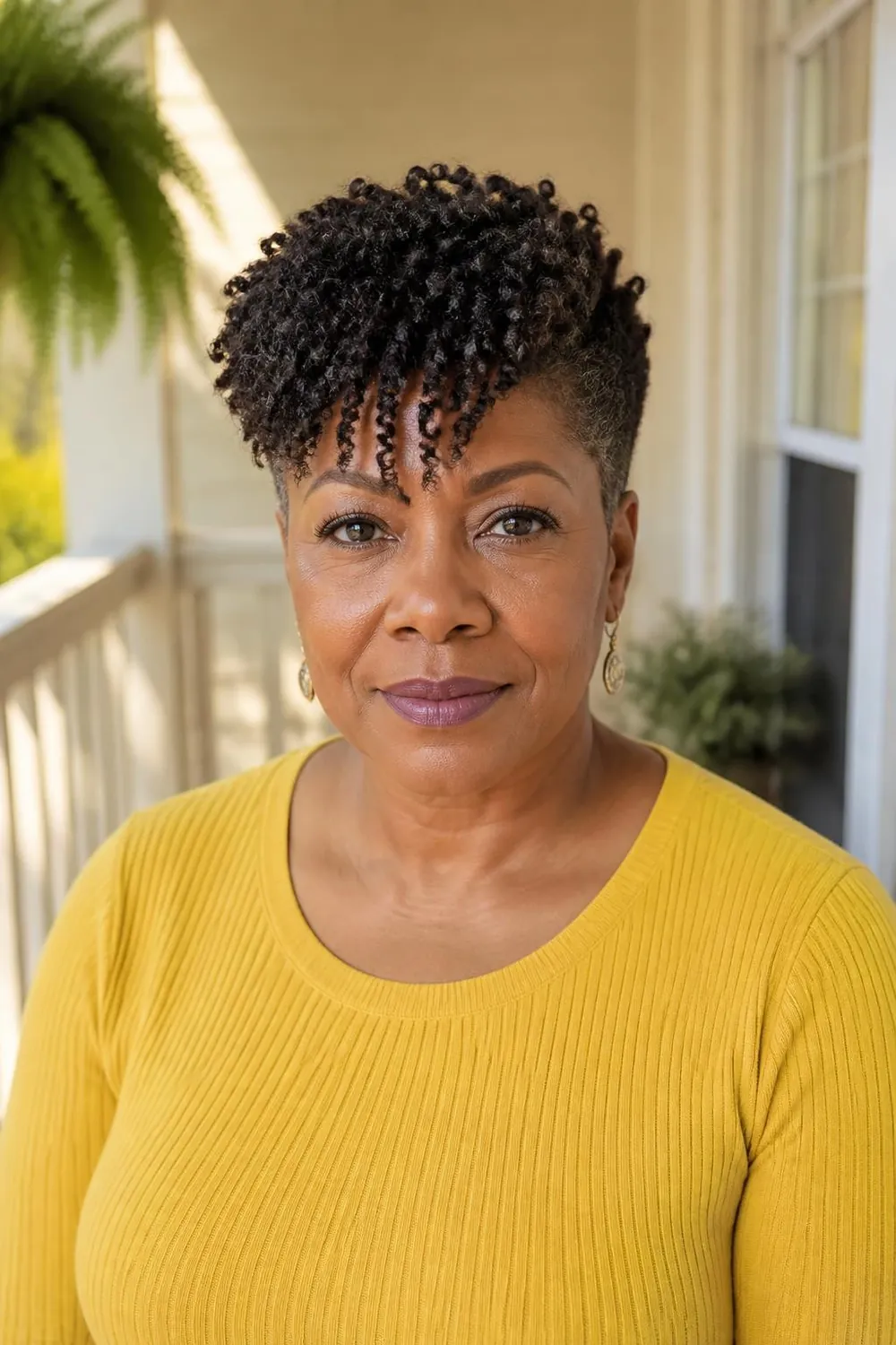 Tapered natural coily cut with a forward fringe of coils for a Black woman over 50
