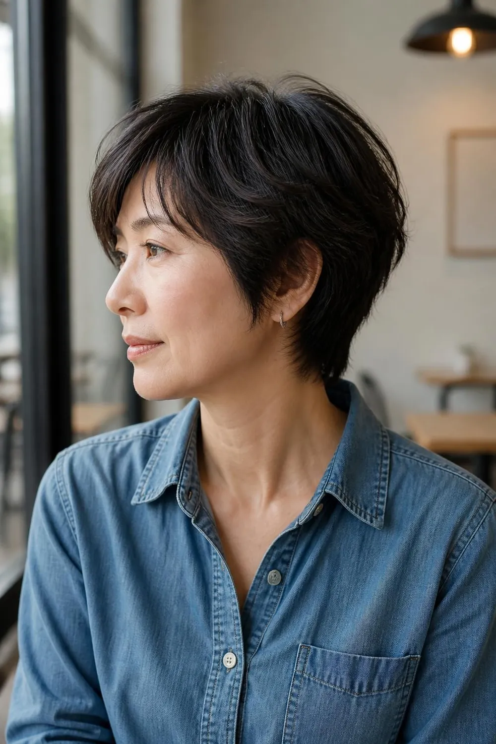 Bixie haircut with feathered bangs and shaggy layers for a woman over 50