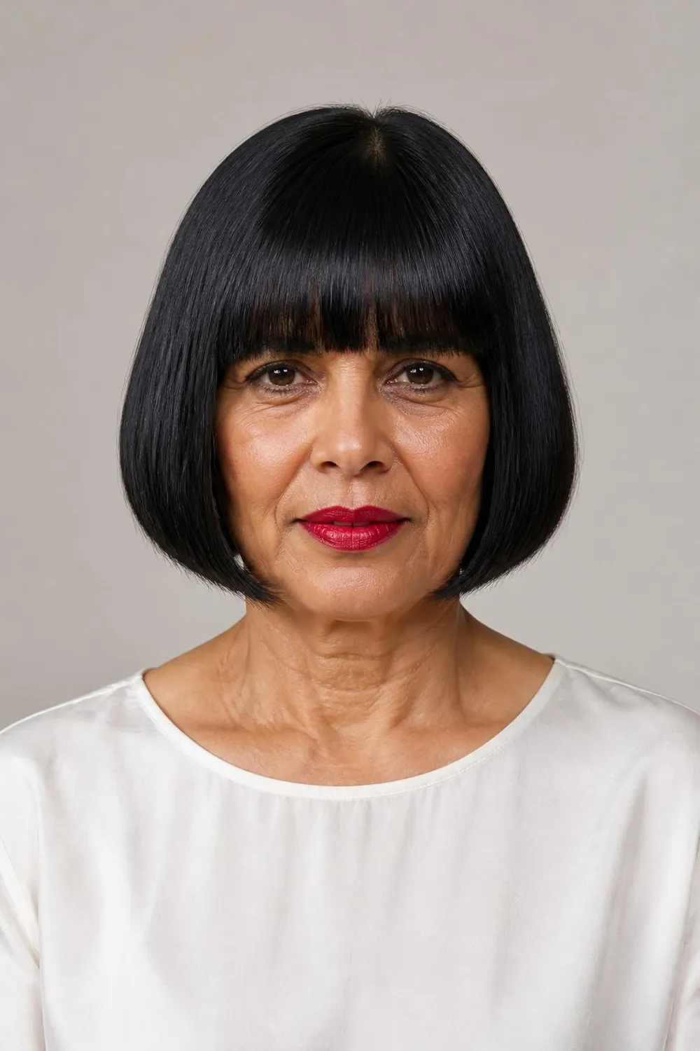 Sleek blunt chin-length bob with heavy straight bangs for a woman over 50