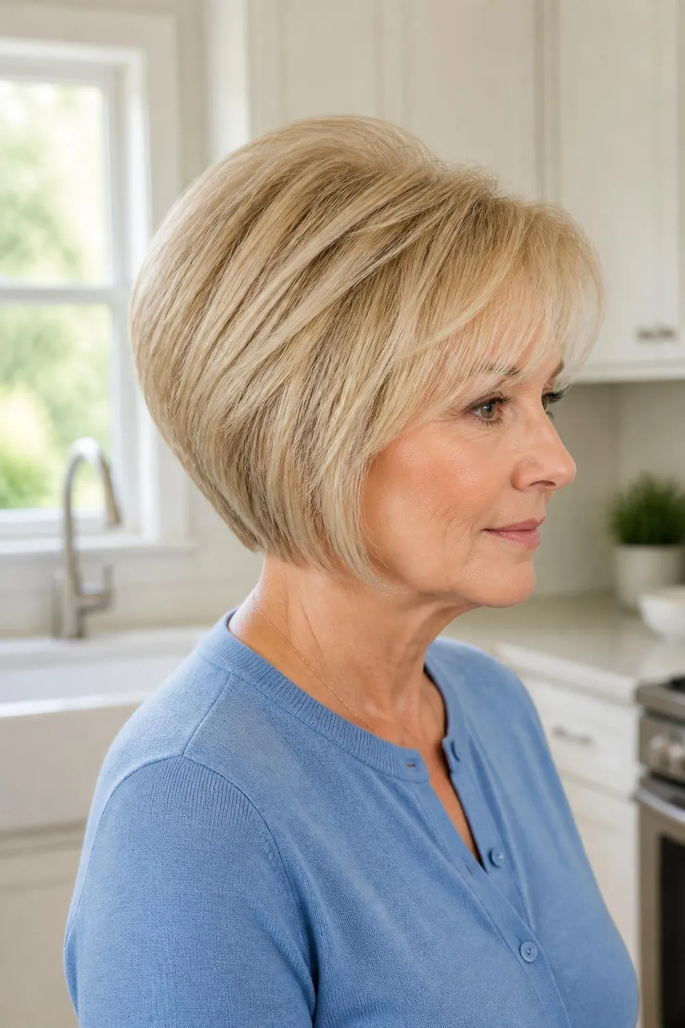 Stacked bob with side-swept bangs for a woman over 50 with fine hair