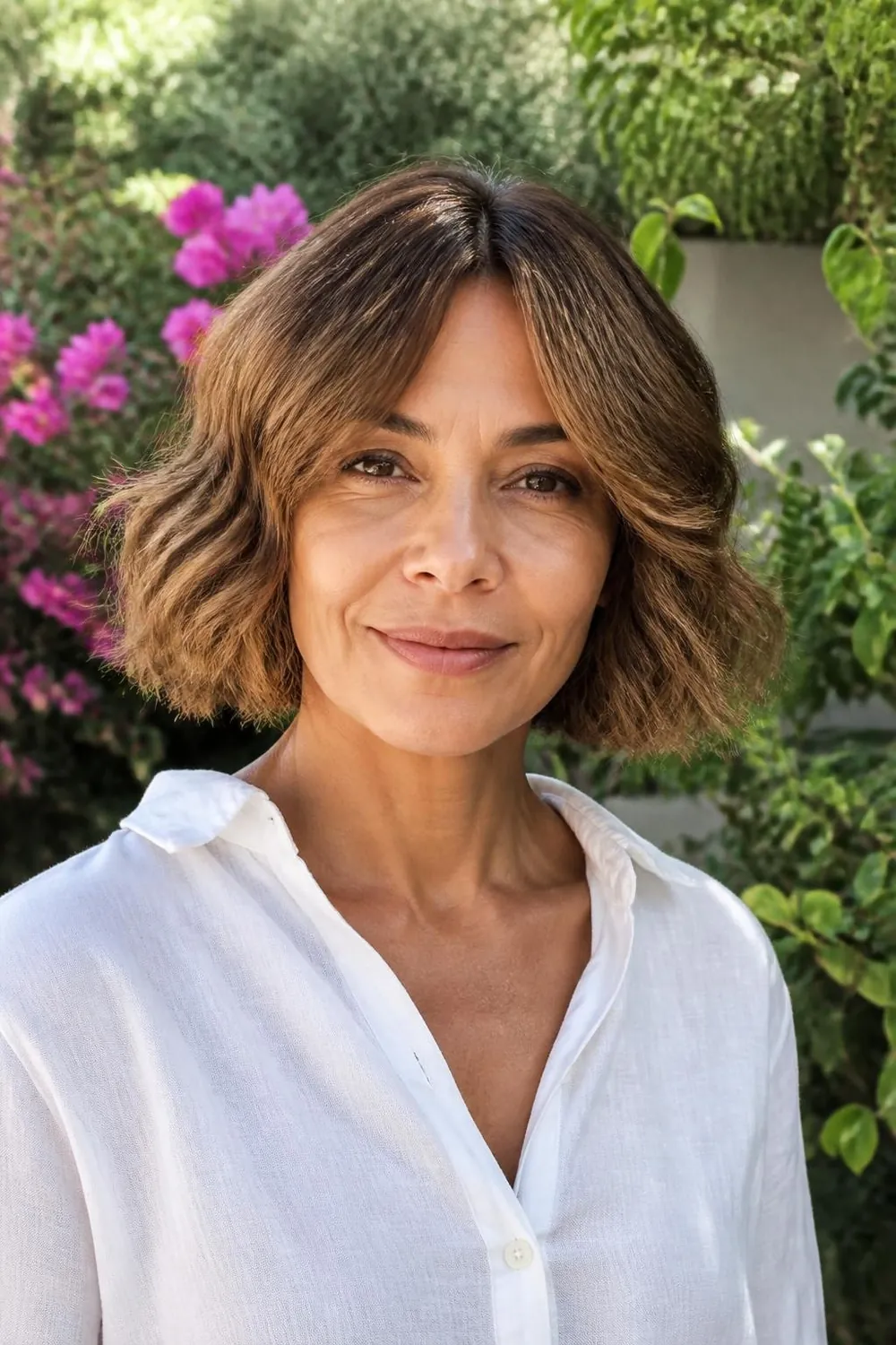 Tousled wavy bob with curtain bangs parted in the middle for a woman over 50