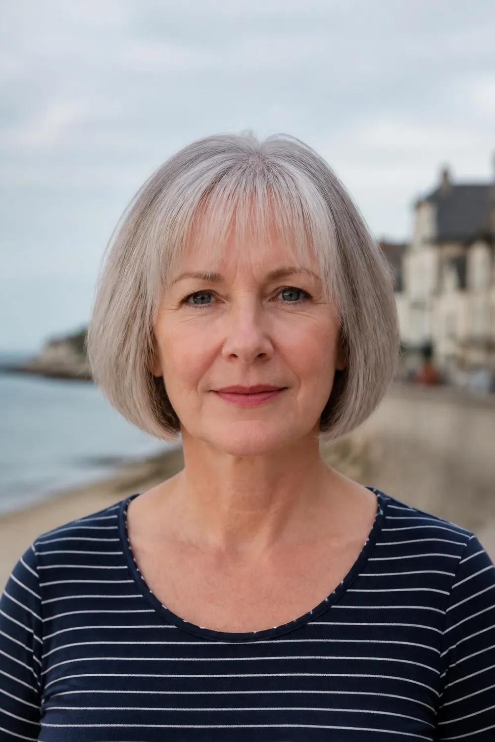 Silver gray bob with light see-through bangs for a woman over 50