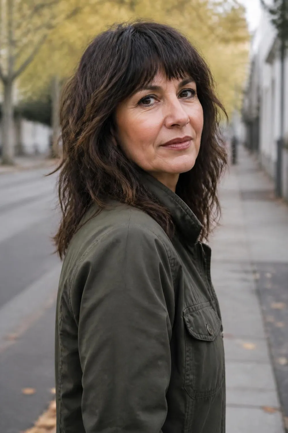 Shoulder-length shag with choppy textured bangs for a woman over 50 with wavy hair