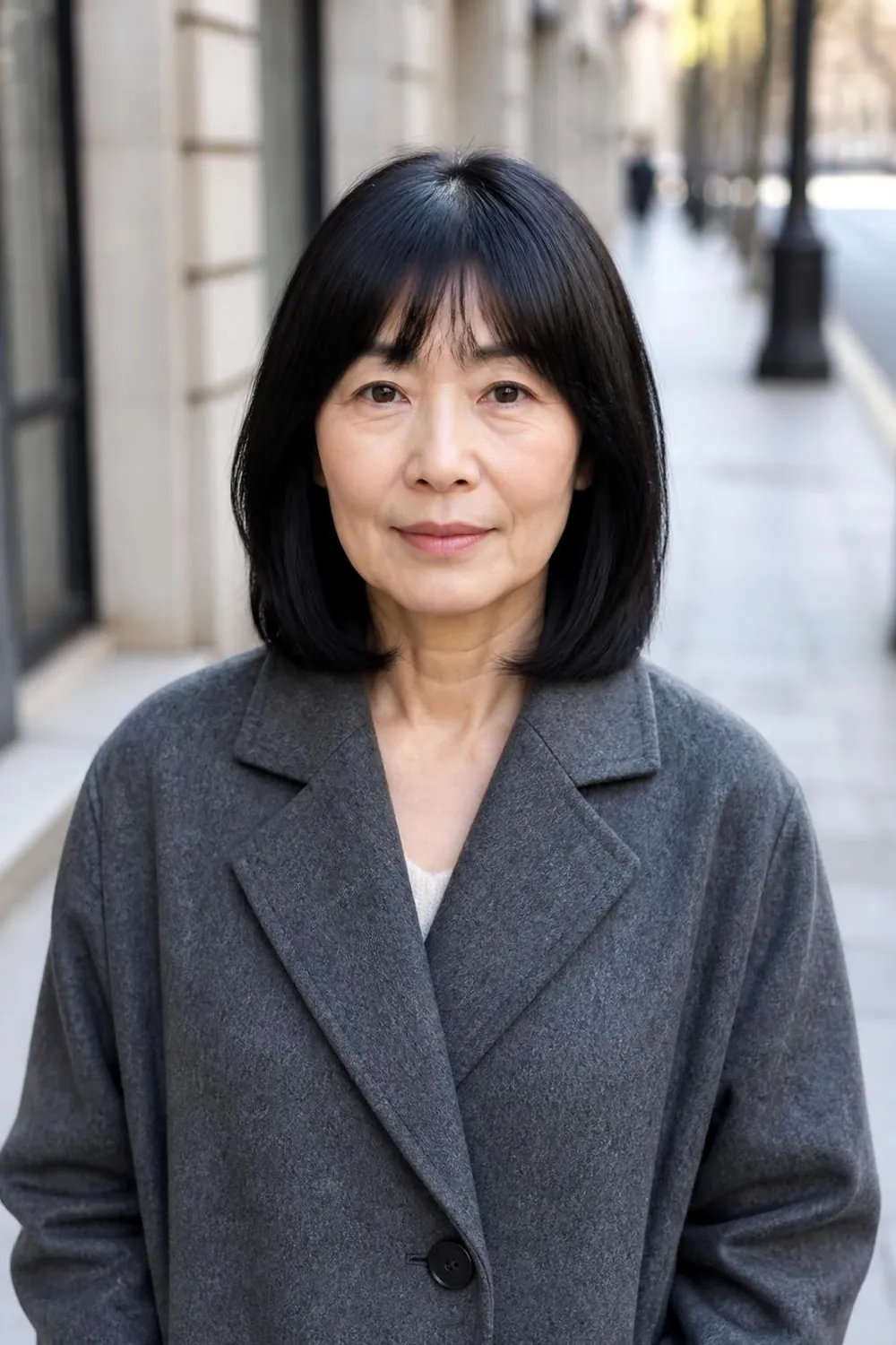 Collarbone lob with soft brow-skimming bangs for a woman over 50 with straight hair
