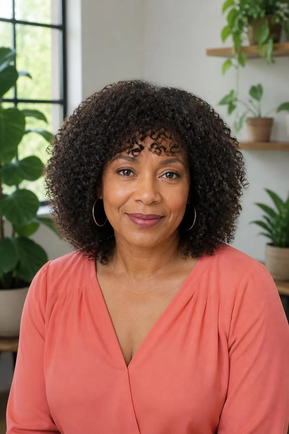 Medium-length curly hair with a rounded curly fringe for a woman over 50