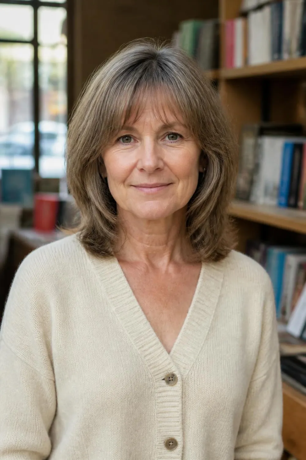 Collarbone-length cut with light wispy bangs for a woman over 50 with fine hair