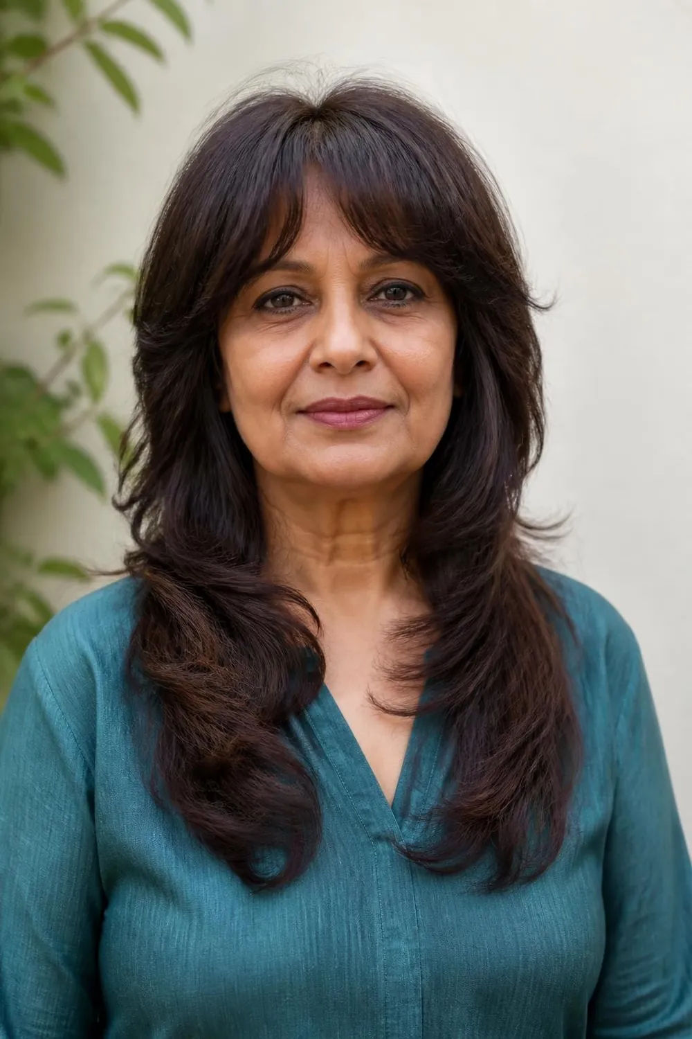 Medium shag with arched bangs shorter in the center for a woman over 50