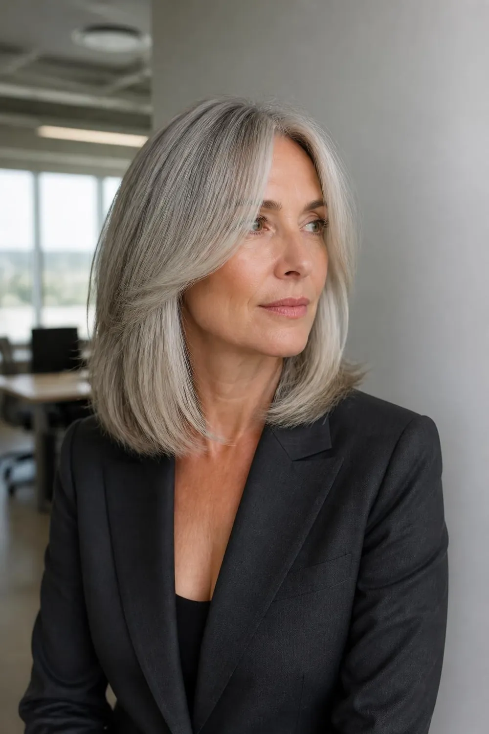 Silver lob with long curtain bangs grazing the cheekbones for a woman over 50