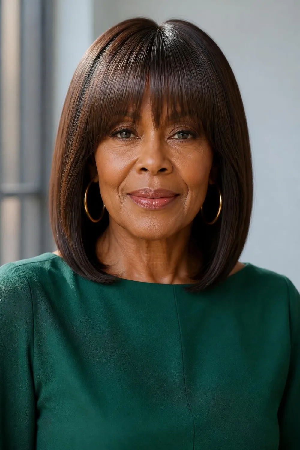 Silk press lob with full straight bangs for a Black woman over 50