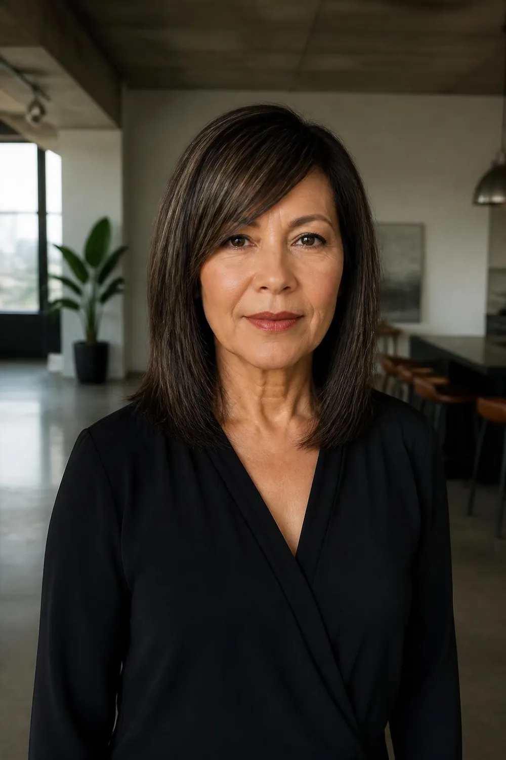Medium-length cut with bold diagonal bangs cut on a slant for a woman over 50