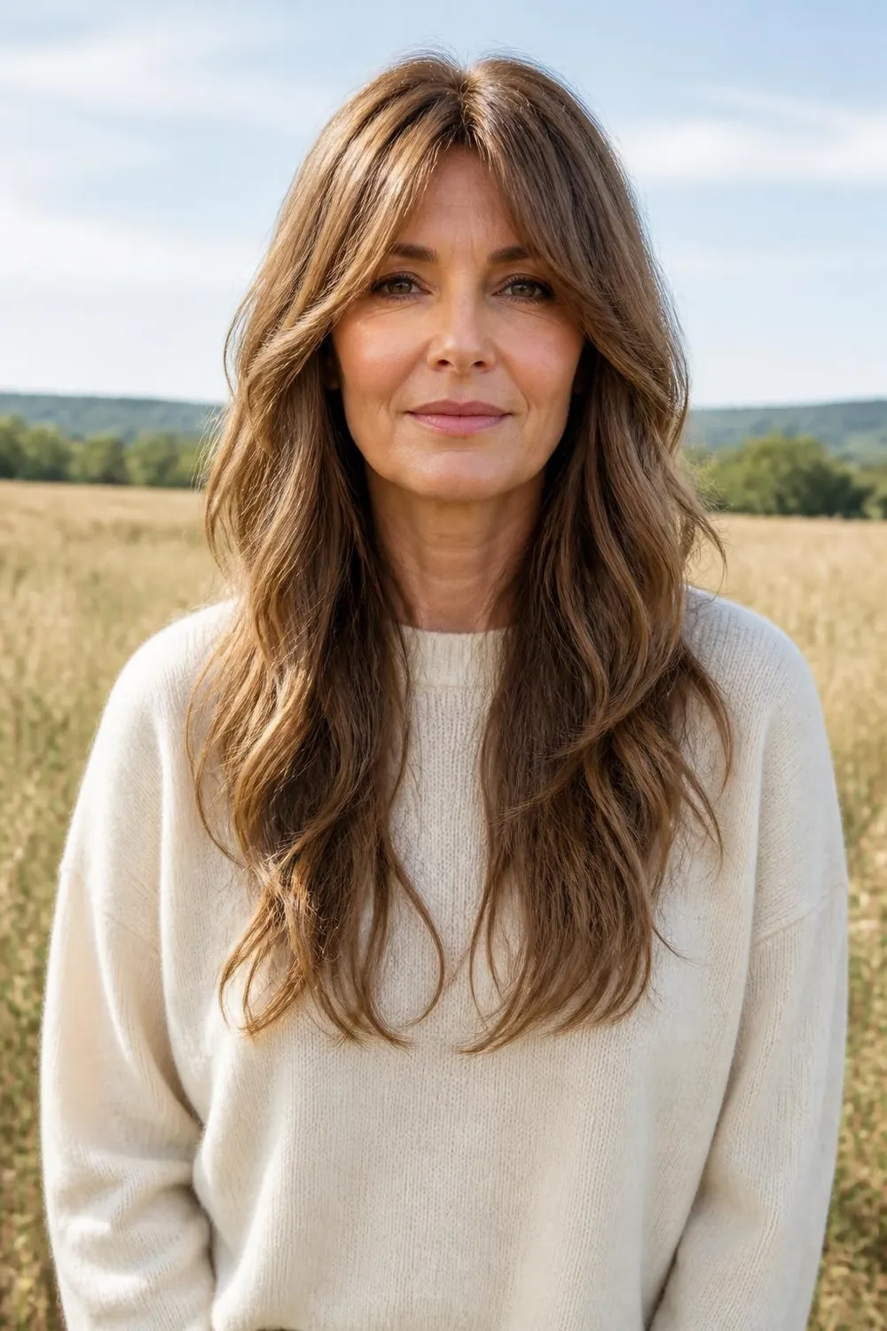 Long layered hair with curtain bangs parted in the center for a woman over 50