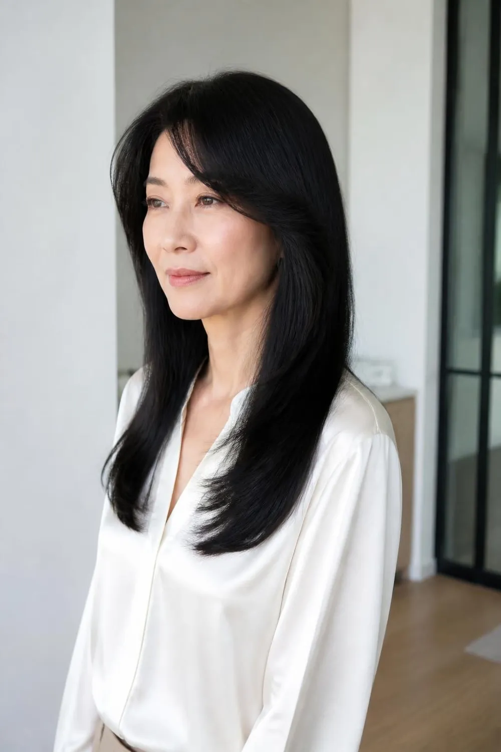 Long straight hair with soft feathered bangs for a woman over 50