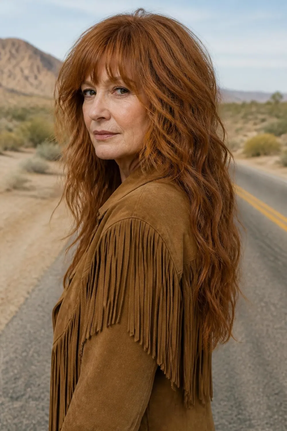 Long shag with shaggy textured bangs for a woman over 50 with thick hair