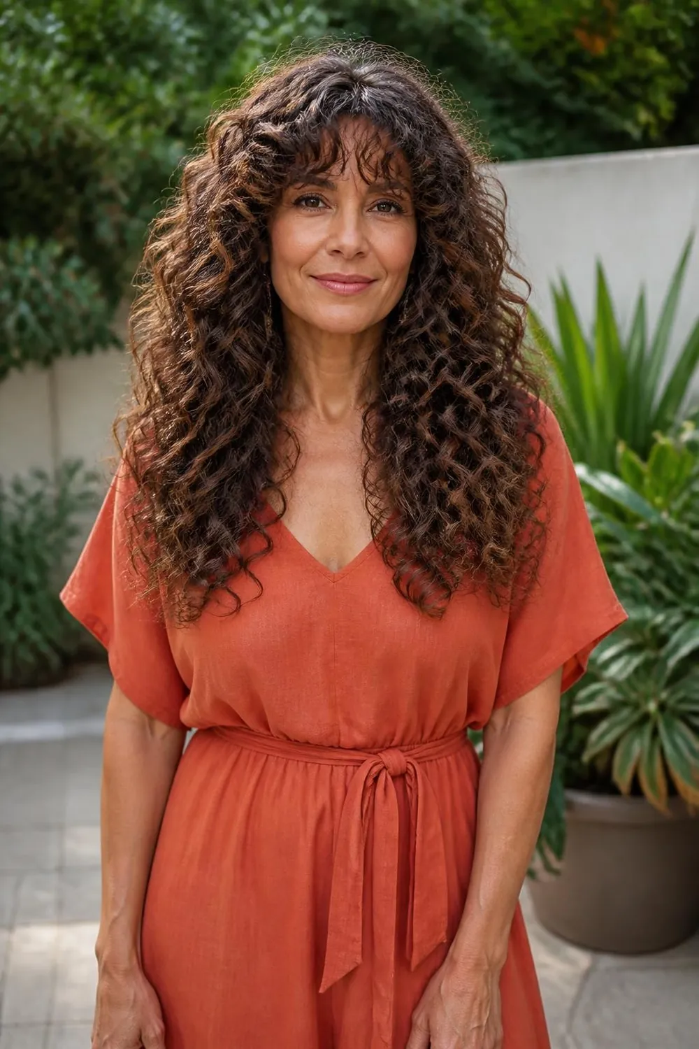 Long curly hair with a soft curly fringe for a Latina woman over 50