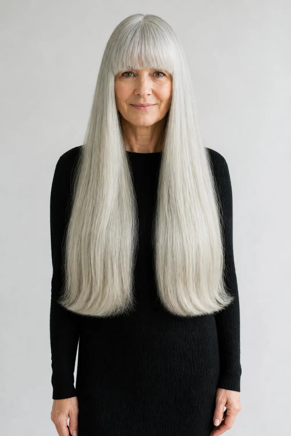 Long silver gray hair with blunt straight bangs for a woman over 50