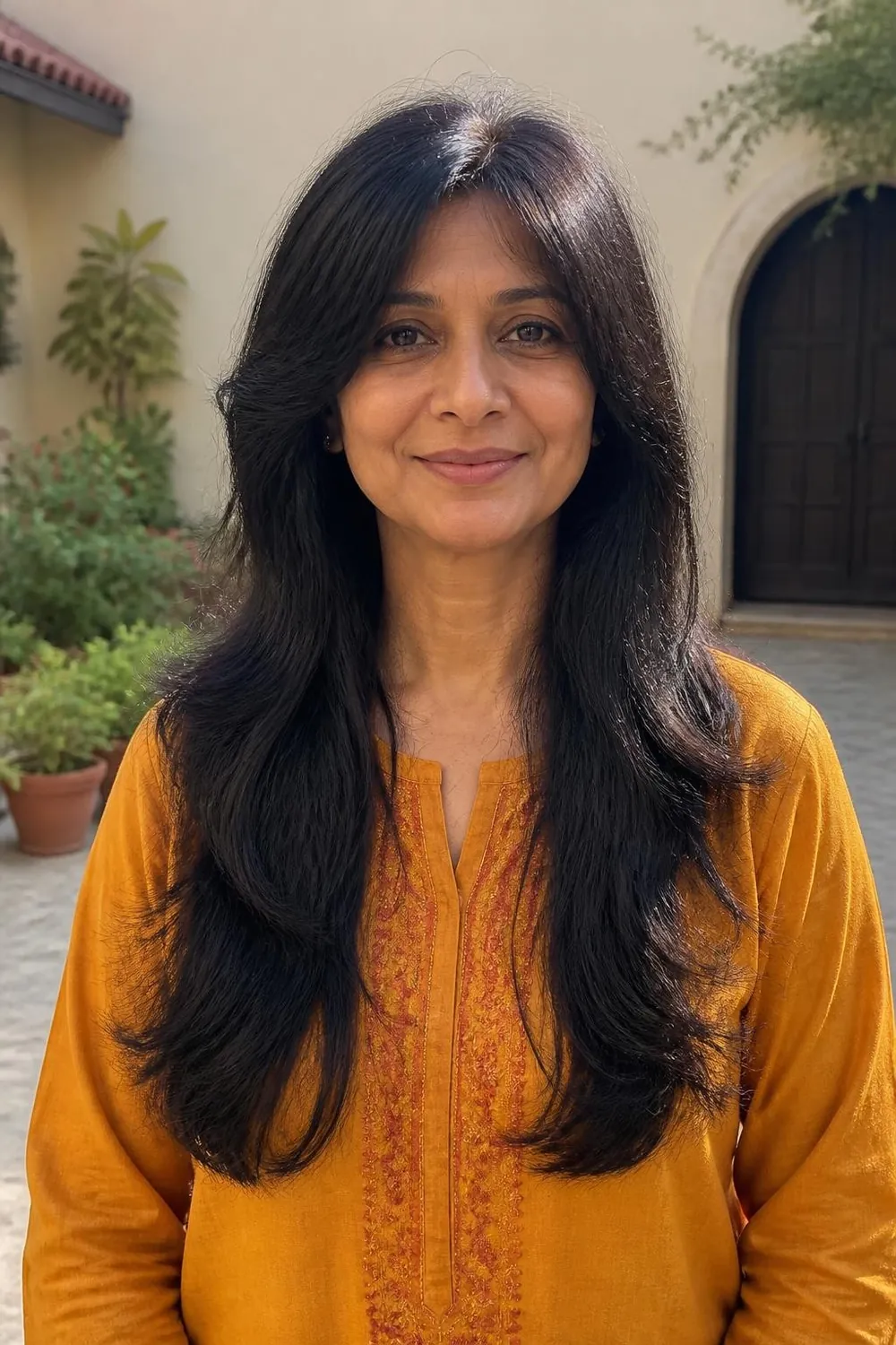 Long hair with cheekbone-length bangs framing the face for a woman over 50