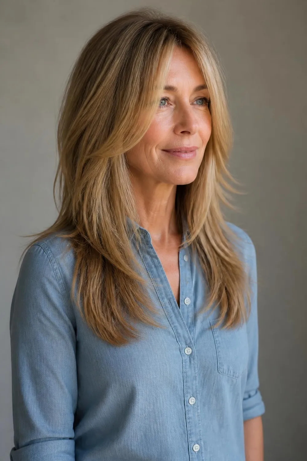 Long layers with grown-out bangs swept to the sides for a woman over 50