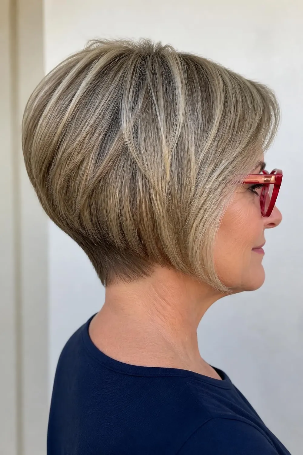 Short stacked wedge haircut with a tapered nape for a woman over 50 with glasses