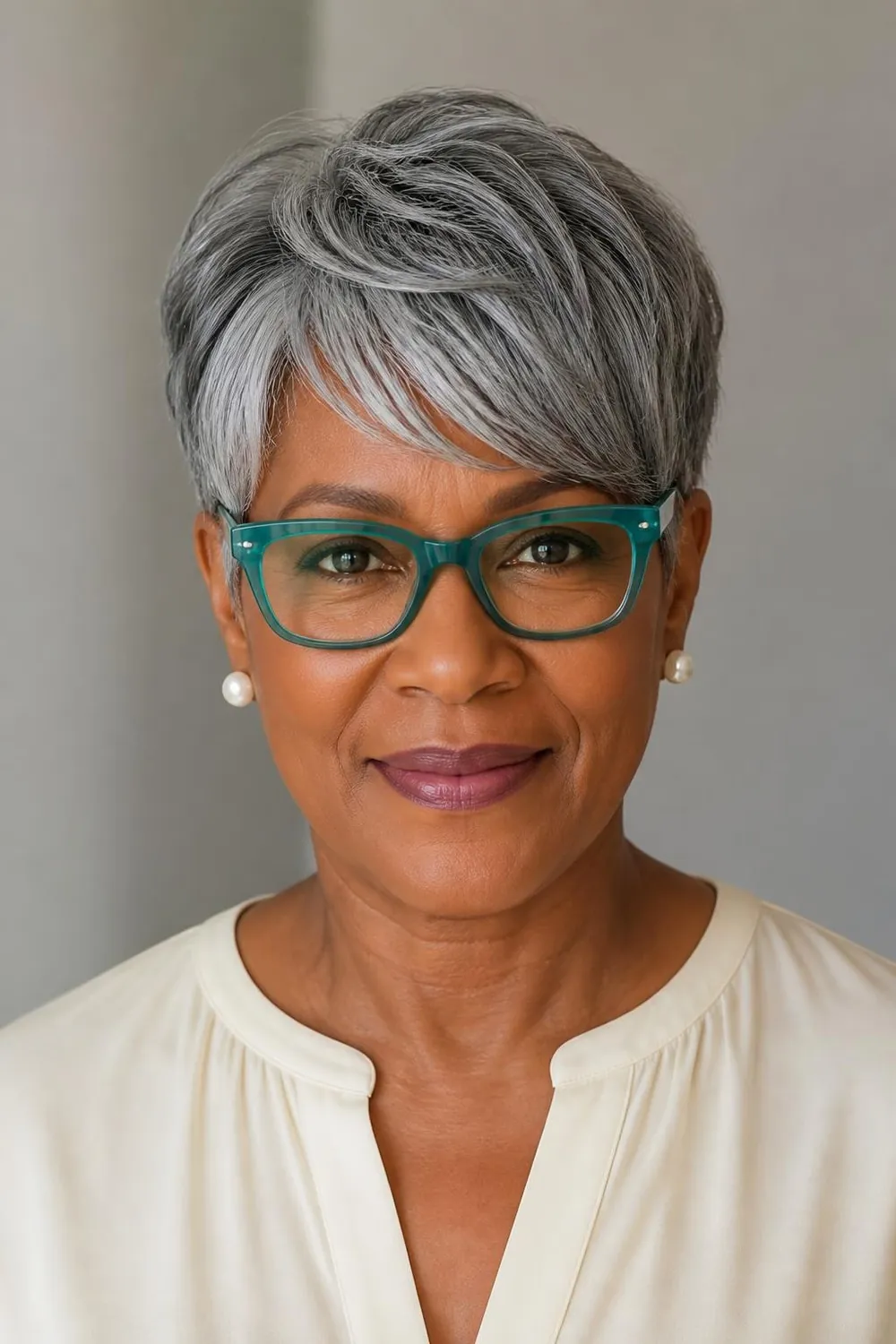 Gray pixie with short side bangs above the frames for a woman over 50 with glasses