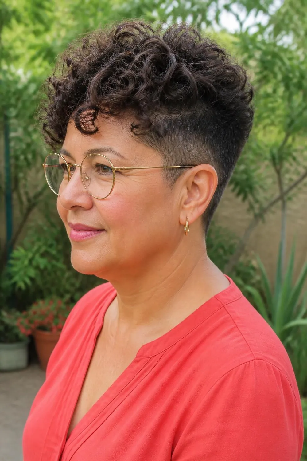 Curly crop with tapered temples for a woman over 50 with round glasses