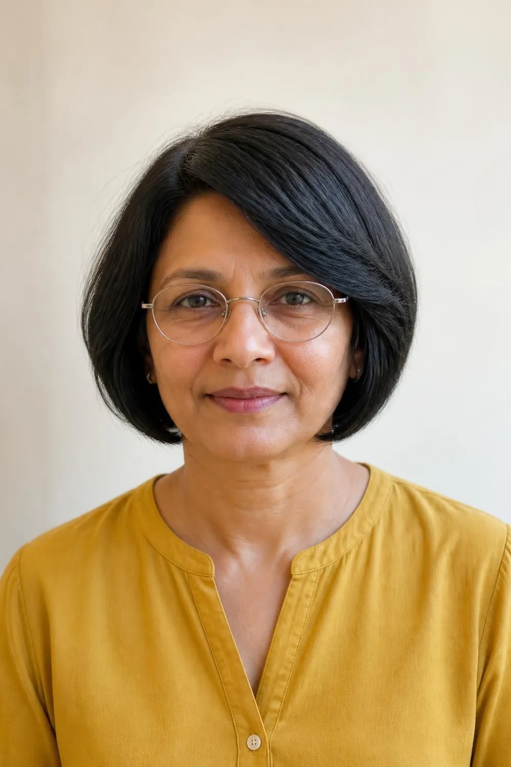 Ear-length bob with a side-swept front for a woman over 50 with oval glasses