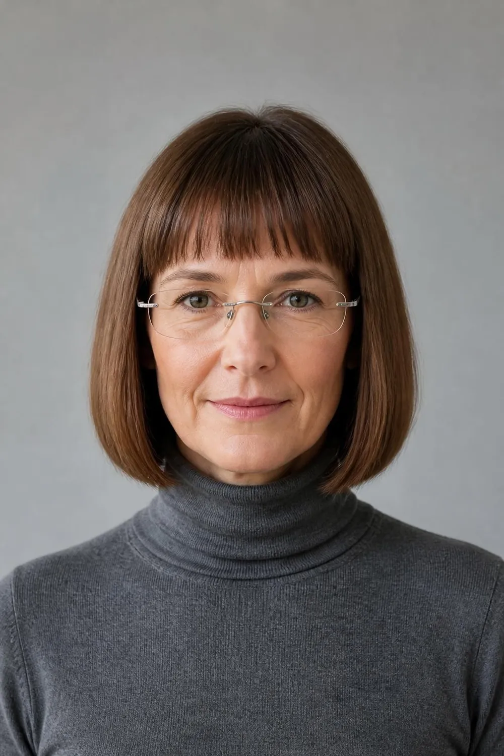 Chin-length bob with short blunt bangs above rimless glasses for a woman over 50