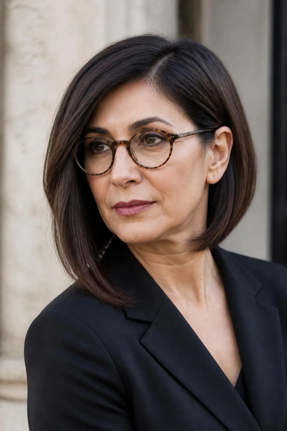 Sharp A-line bob longer in front for a woman over 50 with round glasses