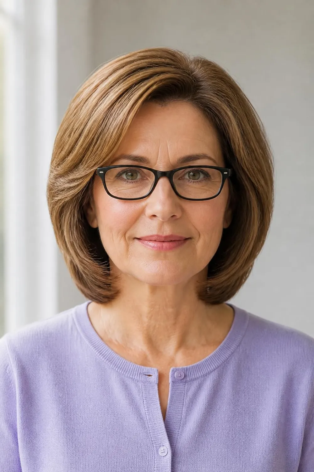 Soft rounded bob with curved layers for a woman over 50 with square glasses