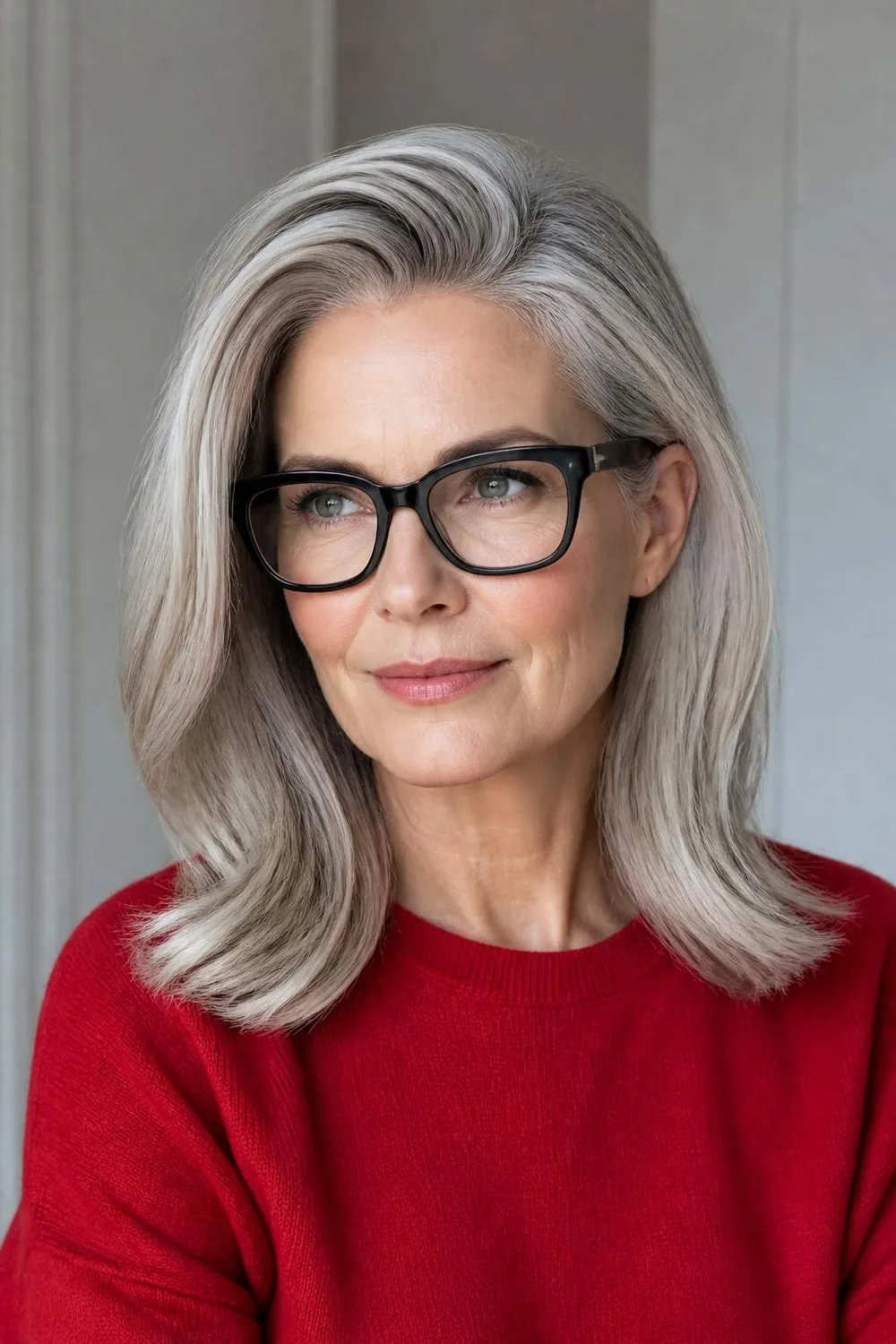 Silver lob with a deep side part for a woman over 50 with thick black glasses