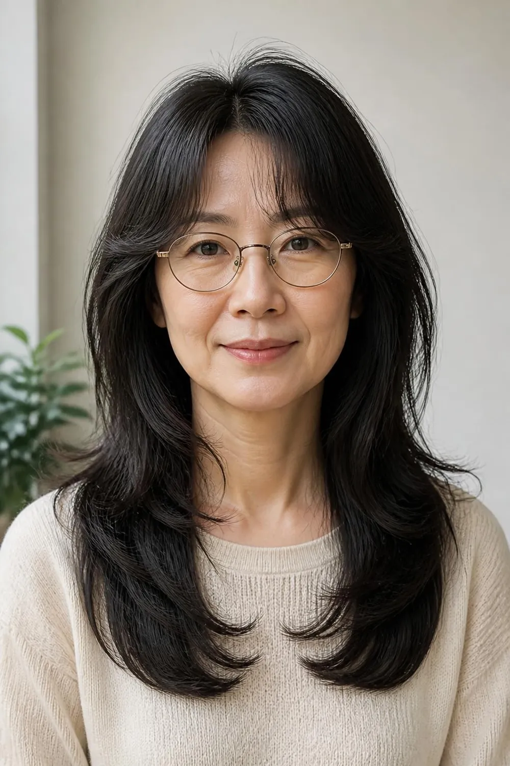 Collarbone layers with curtain bangs parted beside the frames for a woman over 50