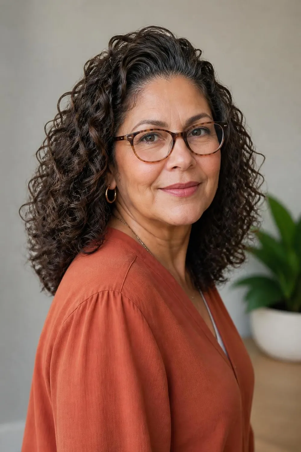 Medium-length curls swept back from the face for a woman over 50 with glasses