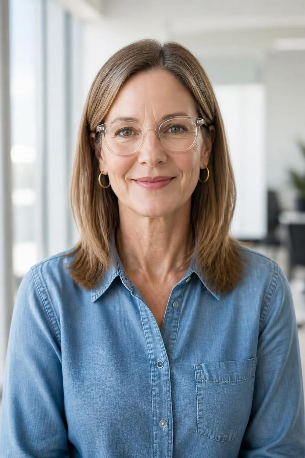 Shoulder-length cut with tuckable front layers behind the ears for a woman over 50 with glasses