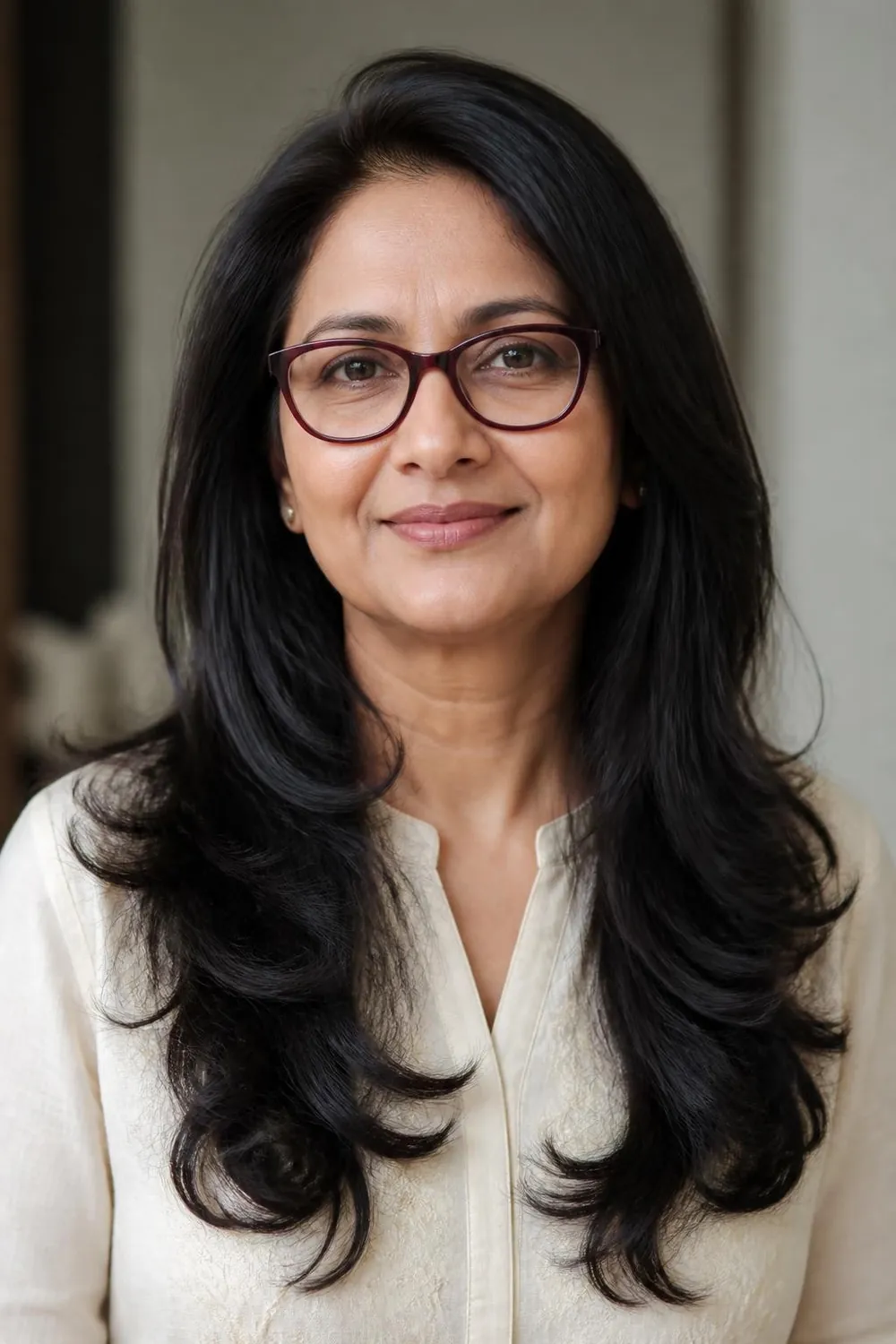 Long layers starting below the chin for a woman over 50 who wears glasses