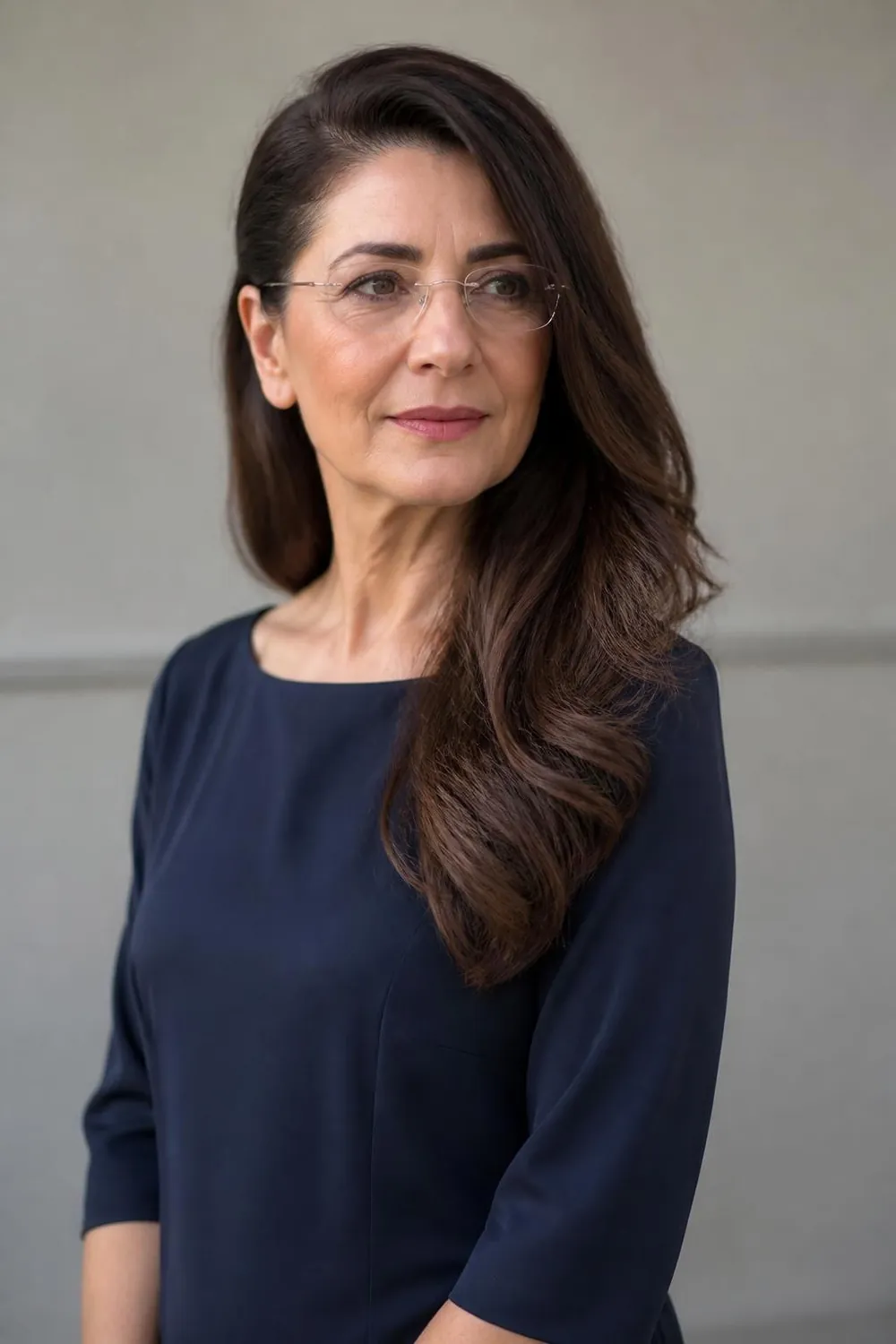 Long waves with a deep side part for a woman over 50 with thin metal glasses