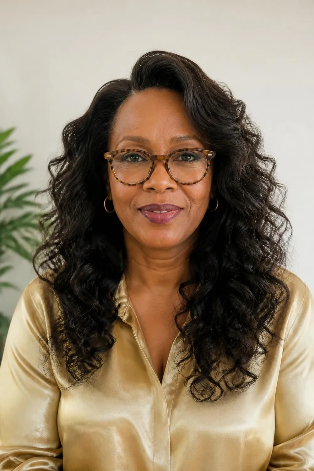 Long curly hair with a lifted side part for a woman over 50 with tortoiseshell glasses