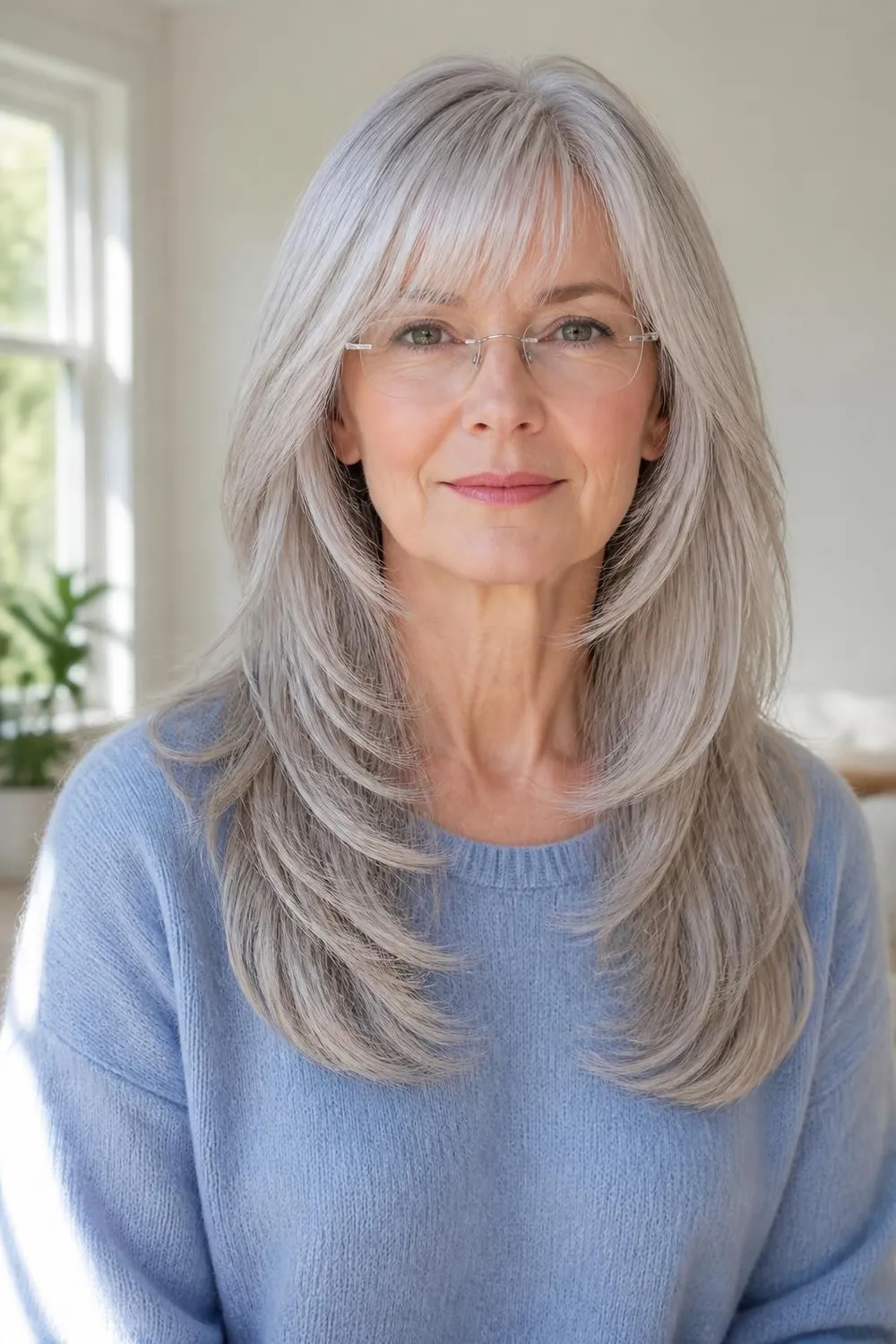Long gray hair with light wispy bangs above rimless glasses for a woman over 50