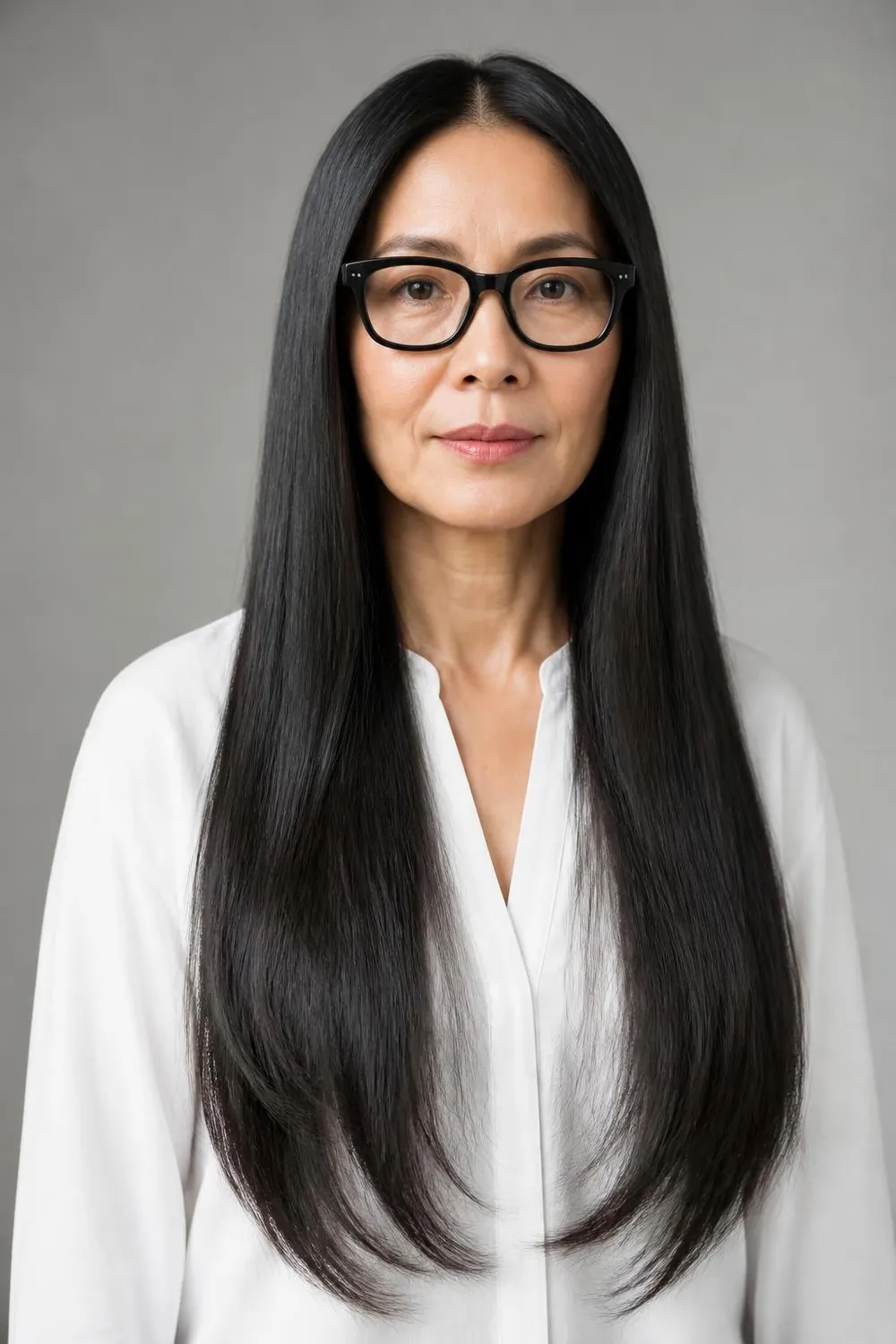 Long sleek straight hair with a middle part for a woman over 50 with bold glasses