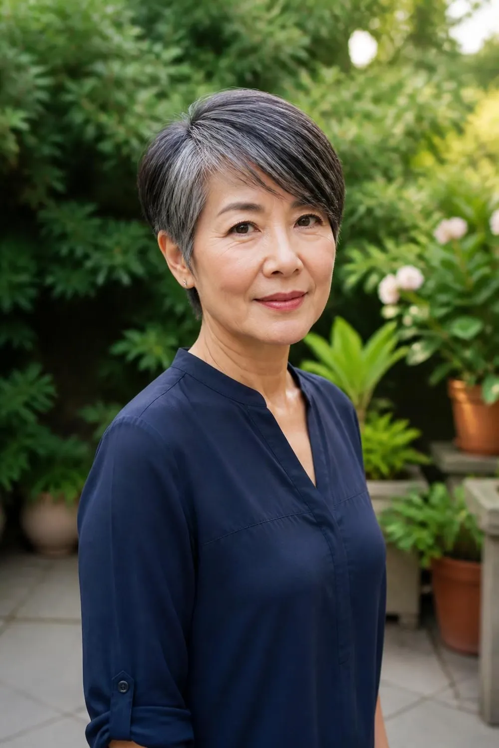 Long pixie with side-swept bangs across the forehead on a woman over 60
