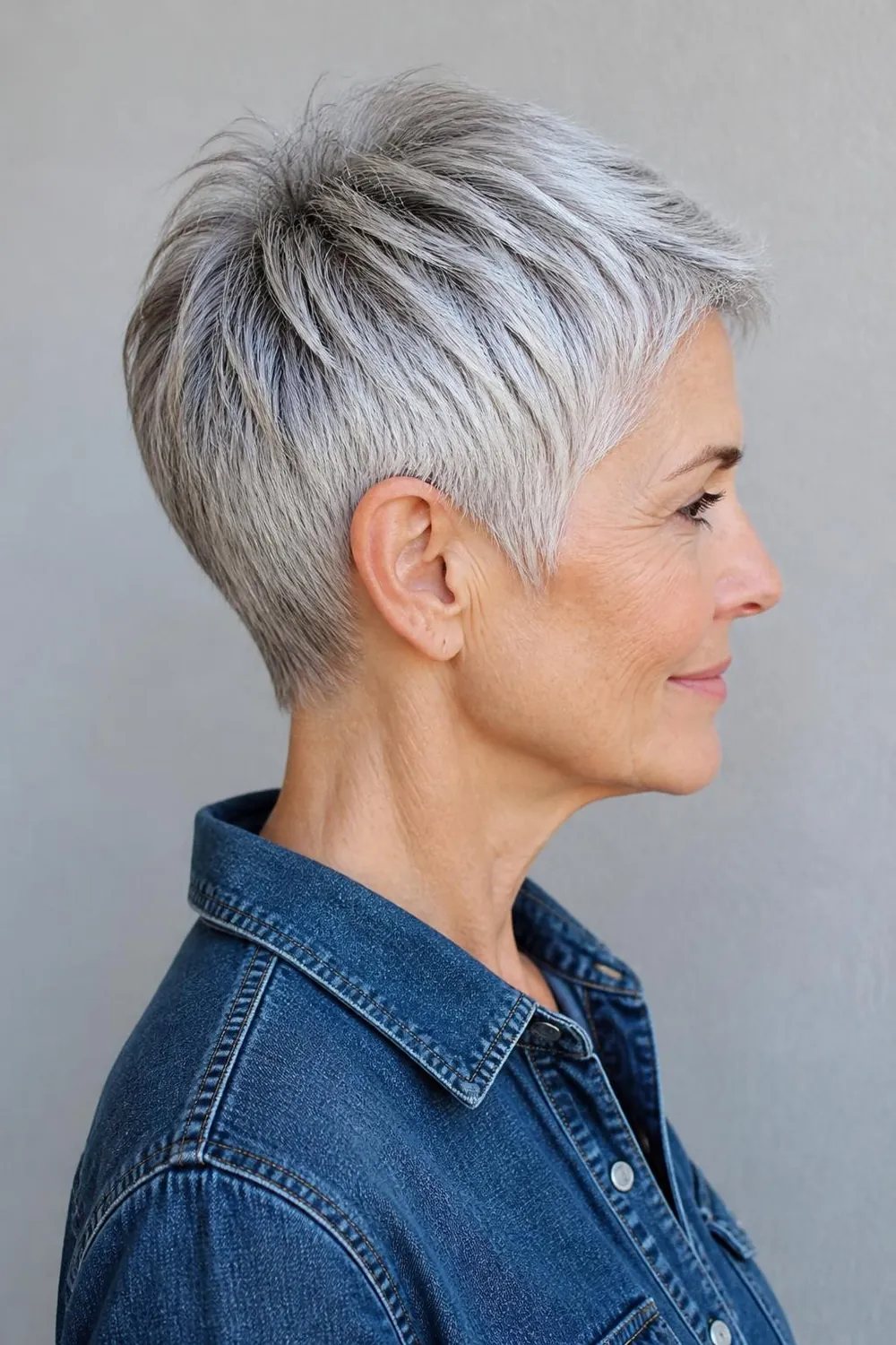 Silver pixie cut with soft charcoal lowlights for women over 60 with gray hair