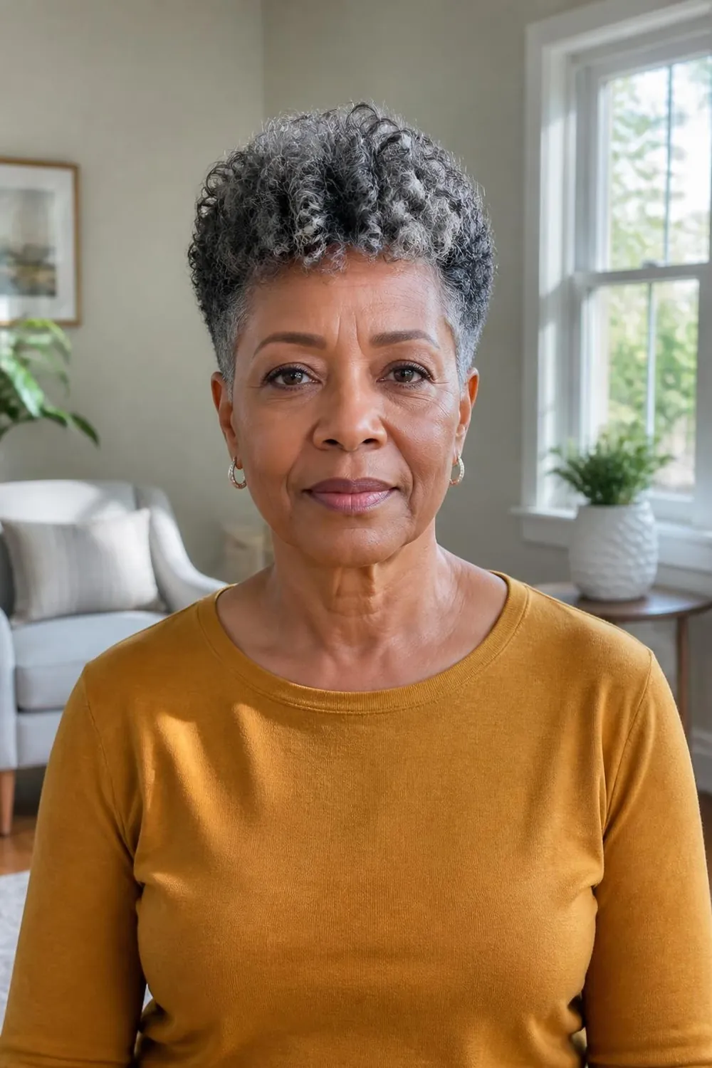 Short curly crop with defined curls on top for women over 60 with curly hair