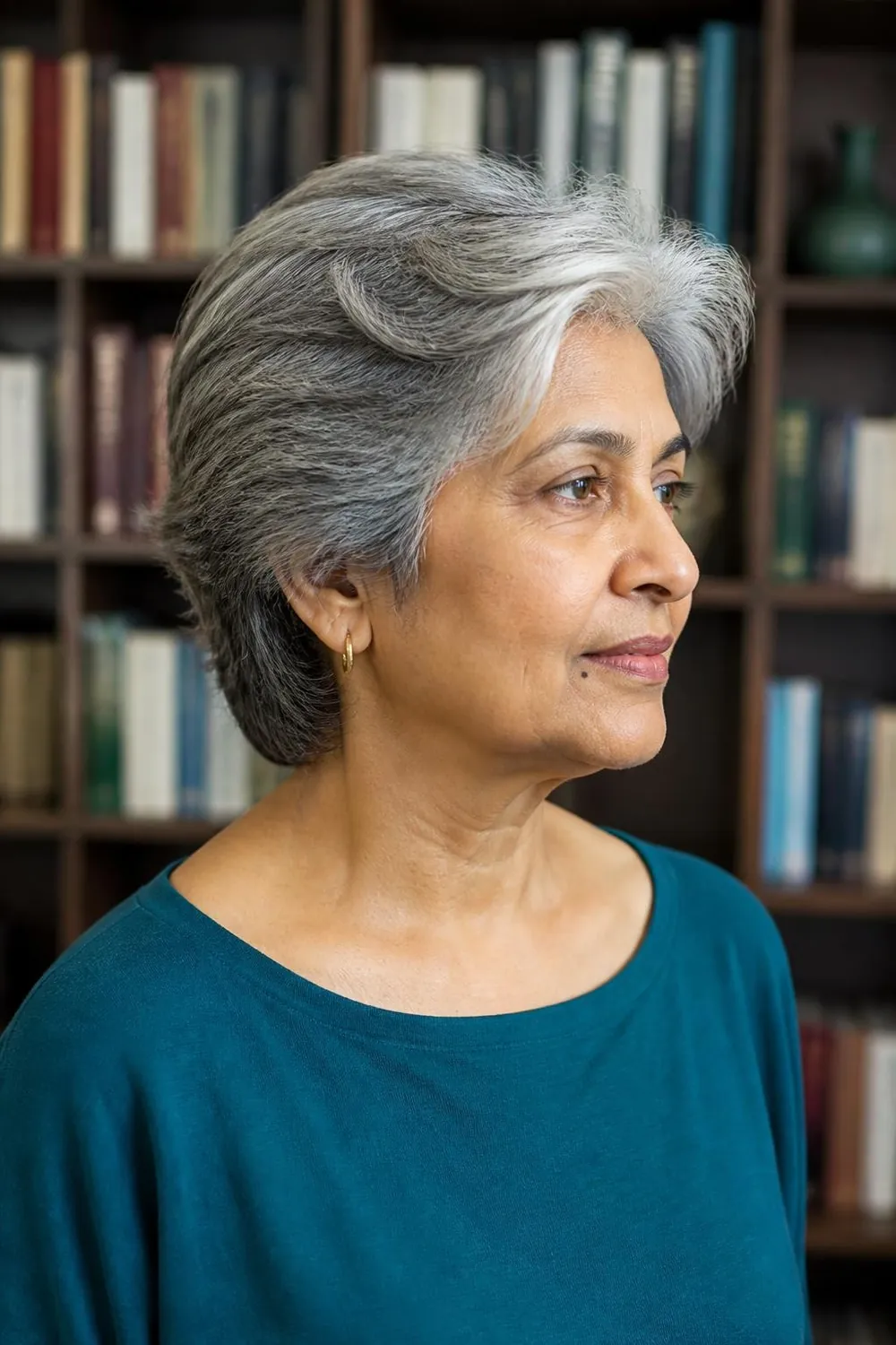 Short feathered haircut swept back from the face for women over 60